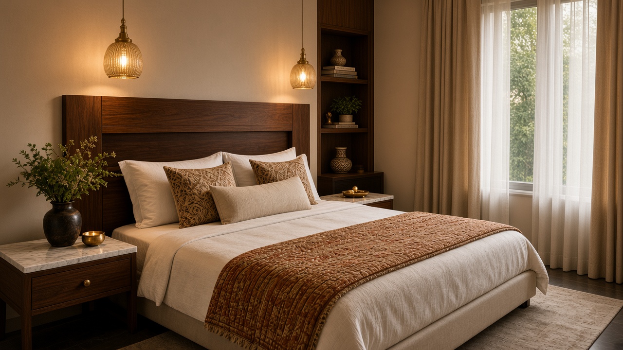 Indian master bedroom with a walnut headboard, kantha throw, brass pendant lights, and a plant in the wall niche