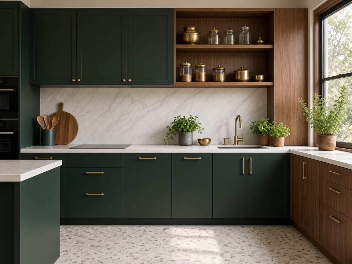 Contemporary Indian kitchen with forest-green cabinets, walnut shelves, brass fittings, and marble backsplash