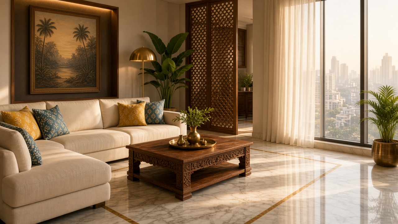Indian apartment living room with a cream sofa, carved teak coffee table, jaali screen, marble floor, and a tropical landscape painting