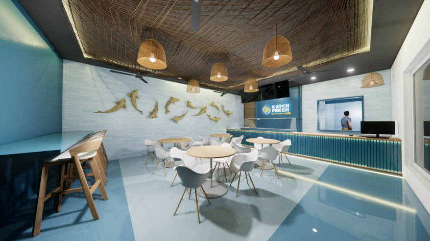 Katch Fresh interior — dining area with woven ceiling and fish wall art