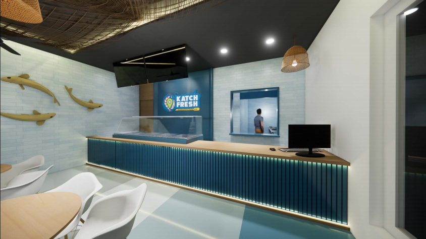 Katch Fresh interior — service counter and branded back wall