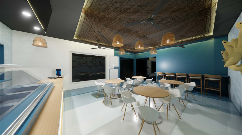 Katch Fresh interior — lounge seating and rope ceiling detail