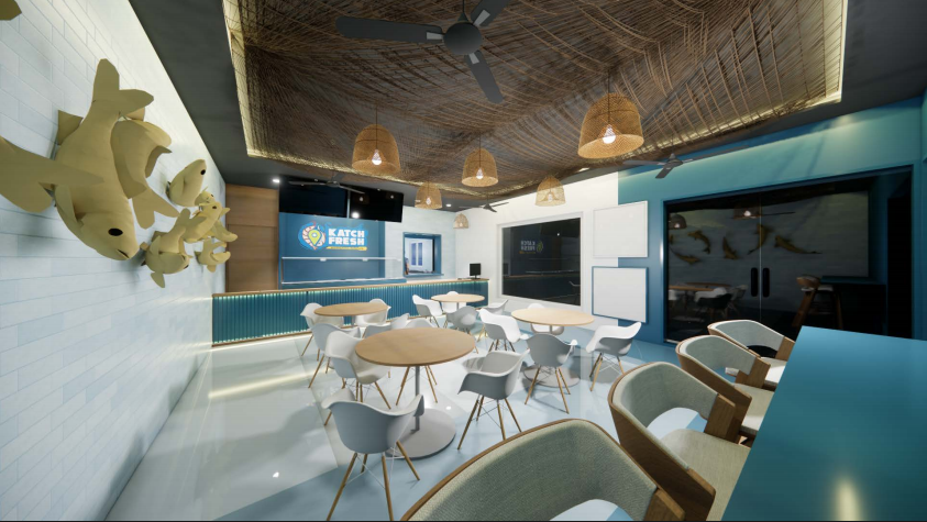 Katch Fresh interior — dining tables and teal accent wall