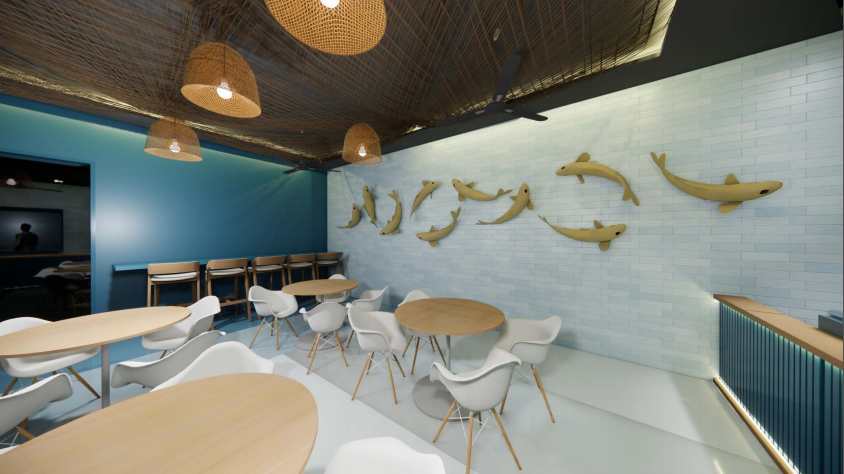 Katch Fresh interior — fish sculpture wall and woven pendants
