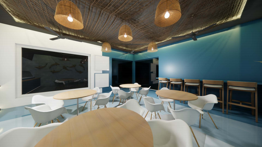 Katch Fresh interior — bar seating and ceiling fans