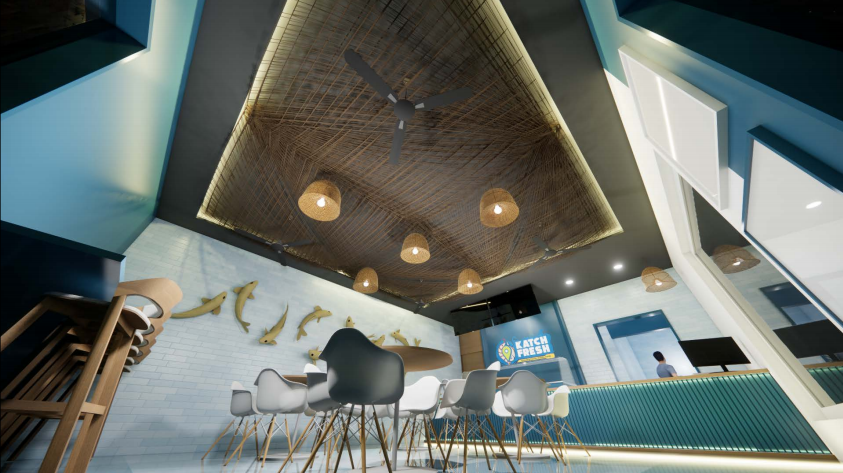 Katch Fresh interior — low-angle view of woven ceiling and lighting