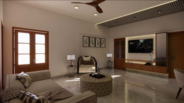 Contemporary residence — living room with media wall and tufted seating