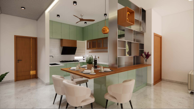 Contemporary residence — sage kitchen and dining bar