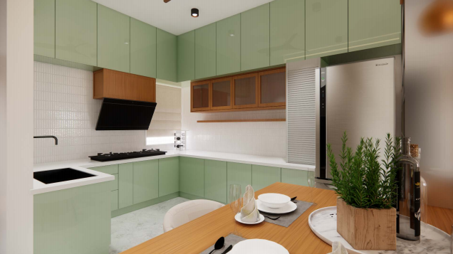 Contemporary residence — mint green kitchen with dining table