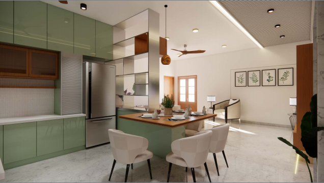 Contemporary residence — kitchen opening to living area