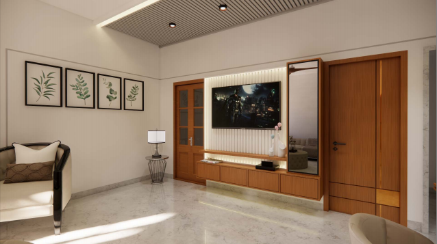 Contemporary residence — minimalist living room with TV feature wall