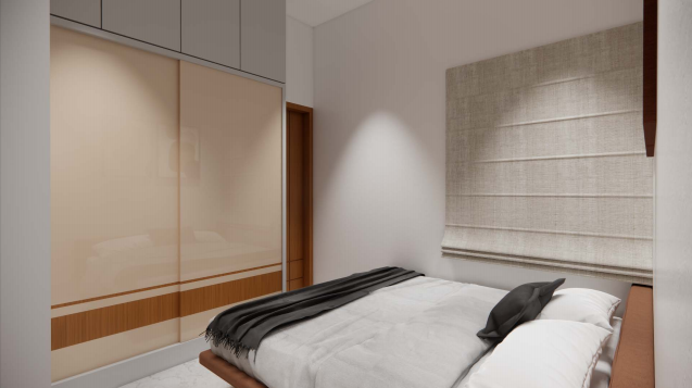 Contemporary residence — master bedroom with sliding wardrobe