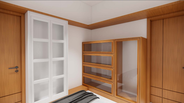 Contemporary residence — walk-in closet with wood and glass cabinetry