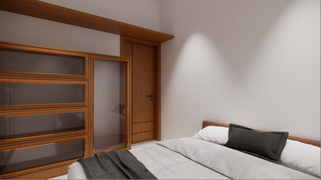 Contemporary residence — bedroom with glass-front storage