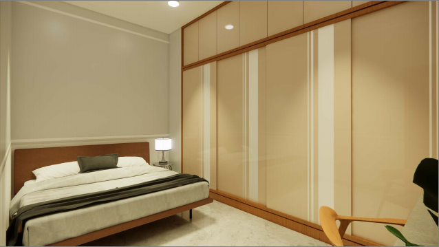 Contemporary residence — bedroom with full-height sliding wardrobe