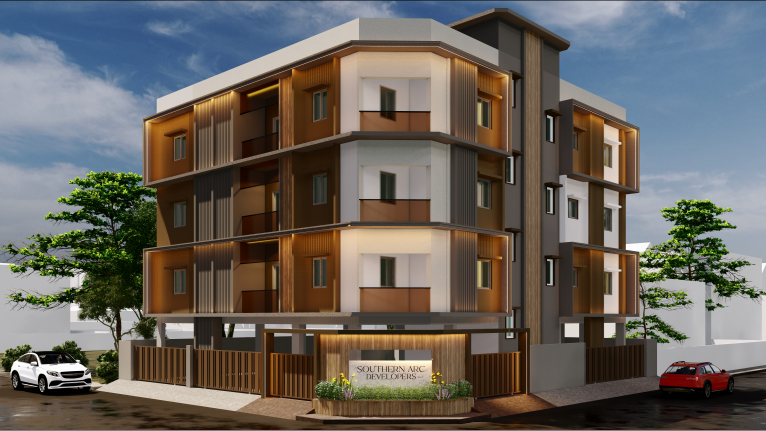Southern Arc Developers residential building — corner elevation at dusk