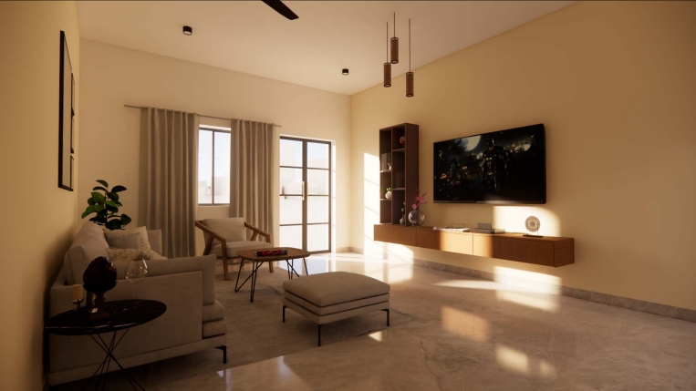 Modern living interior — sunlit lounge with media wall