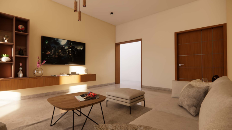 Modern living interior — sofa and entertainment console