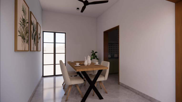 Modern living interior — dining room with botanical wall art