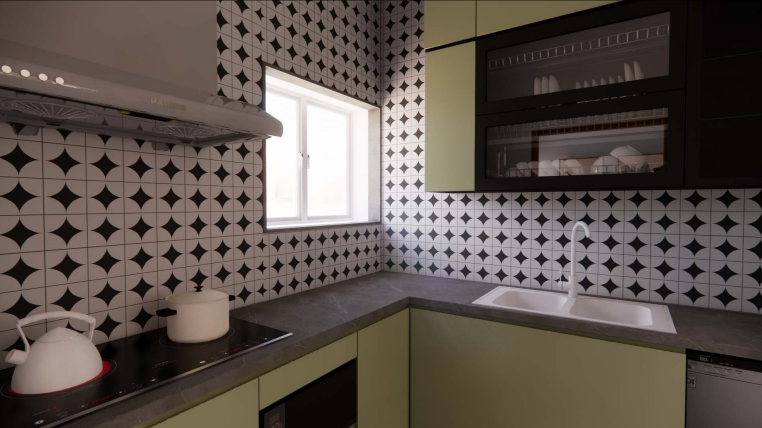 Modern living interior — geometric tile kitchen corner