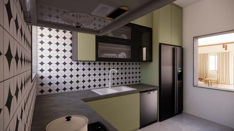 Modern living interior — olive green kitchen with star backsplash