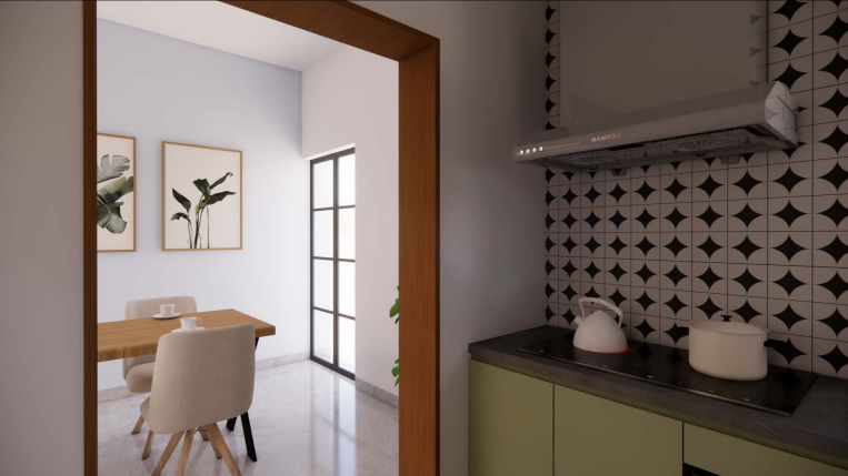 Modern living interior — kitchen view into dining area