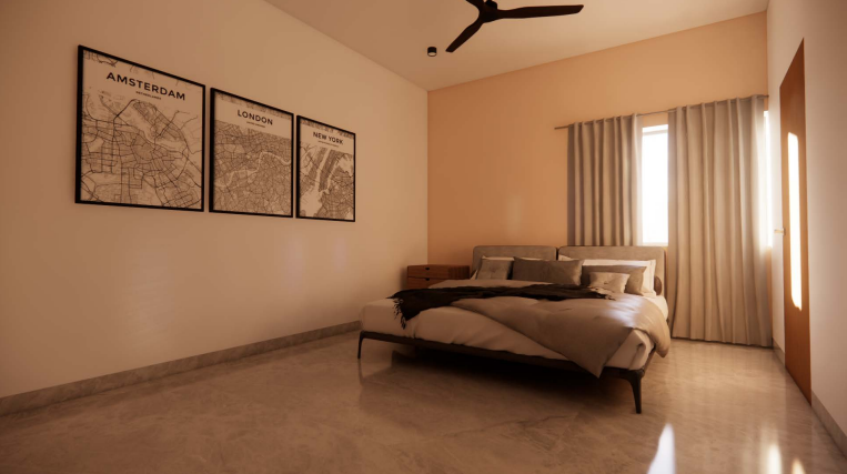 Modern living interior — master bedroom with city map art