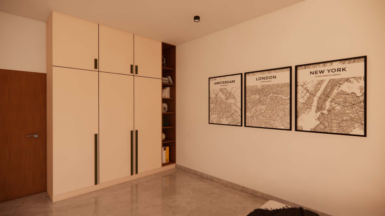 Modern living interior — wardrobe with city map gallery wall