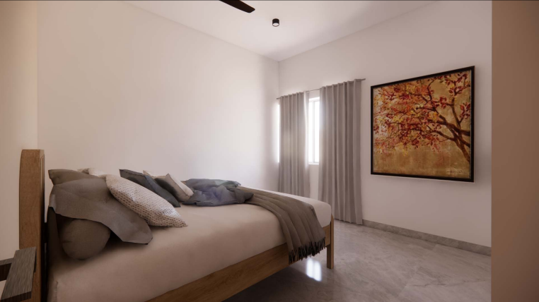 Modern living interior — bedroom with autumn tree artwork