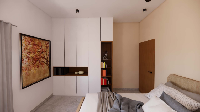 Modern living interior — custom wardrobe and built-in shelving