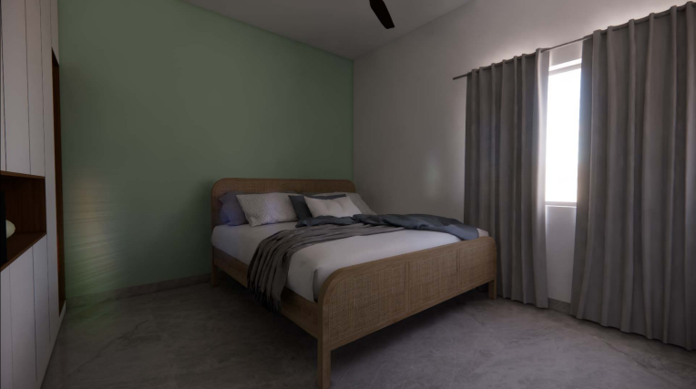 Modern living interior — cane headboard bedroom with sage accent wall
