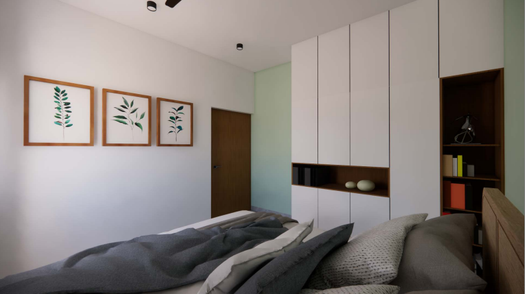 Modern living interior — bedroom with integrated wardrobe and shelving